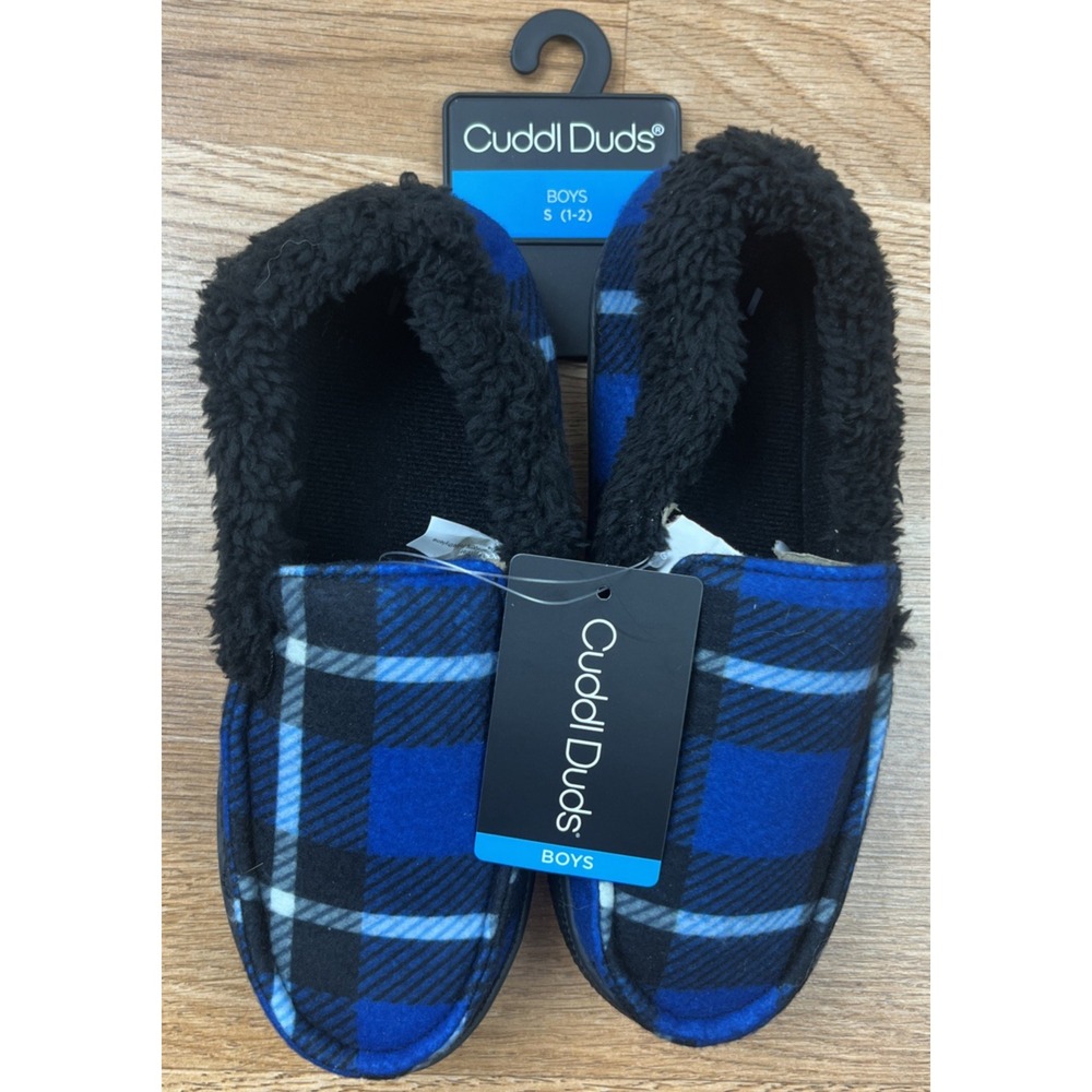 Cuddl Duds Youth Boys Slippers Size Small (1-2) Blue/Black Plaid NEW